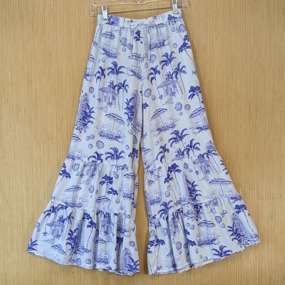 True Destinations Resortwear Tropical Toile Tiered Ruffle Wide Leg Pants Medium